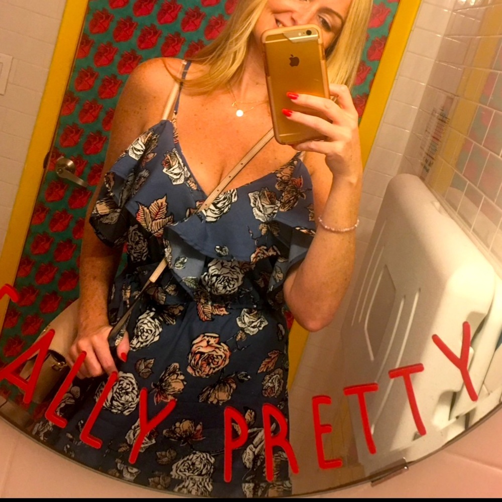 Spaghetti strapped, flowy floral. Short, blue with white floral accents